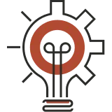 A stylized illustration of a black trophy with a red circular element and gear-like shapes in the background, symbolizing achievement or innovation.