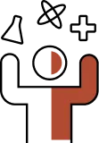 A simplified, abstract illustration of a person raising one hand. The figure is composed of geometric shapes in black and reddish-brown colors on a transparent background.