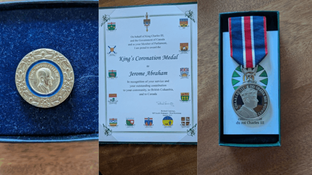 Three images: a gold medal with a profile, a certificate for Jerome Abraham’s King’s Coronation Medal, and a silver medal with a red, blue, and white ribbon in a display box.