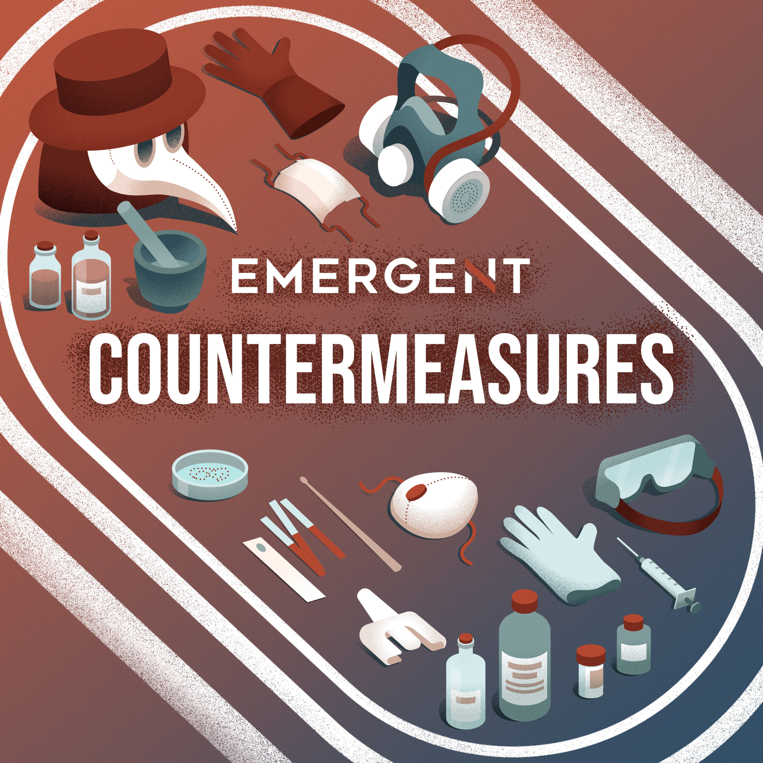 Illustration of medical and scientific items, including a plague doctor mask, gloves, vaccine vials, syringe, pipette, respirator, and lab tools, with the words “EMERGENT COUNTERMEASURES” in bold text.